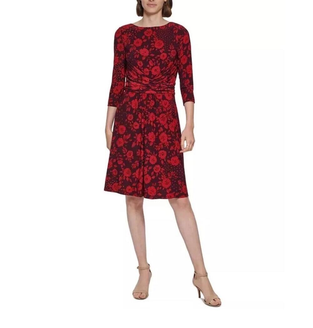 Tommy Hilfiger Floral Ruched Sheath Dress 3/4 Sleeve Stretch Career Size 14